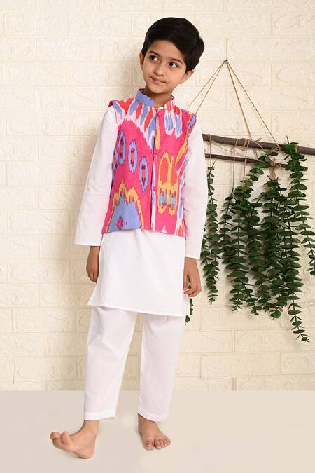 Buy_THE COTTON STAPLE_Pink Cotton Ikat Printed Bundi Kurta Set _Online_at_Aza_Fashions