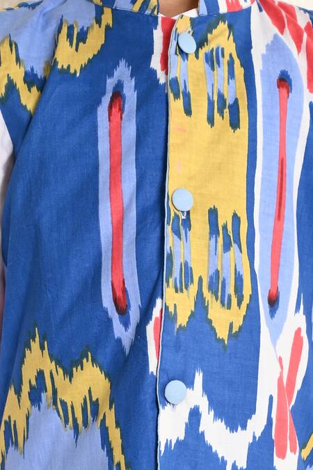 Shop_THE COTTON STAPLE_Blue Cotton Printed Ikat Bundi Kurta Set _Online_at_Aza_Fashions