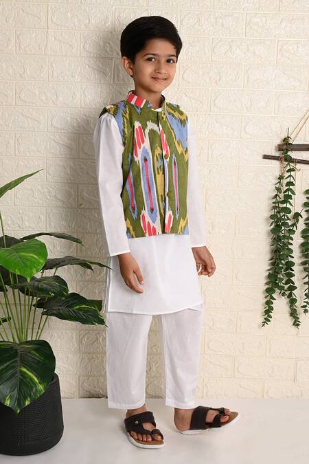 Buy_THE COTTON STAPLE_Green Cotton Multicolor Ikat Printed Bundi Kurta Set _Online_at_Aza_Fashions