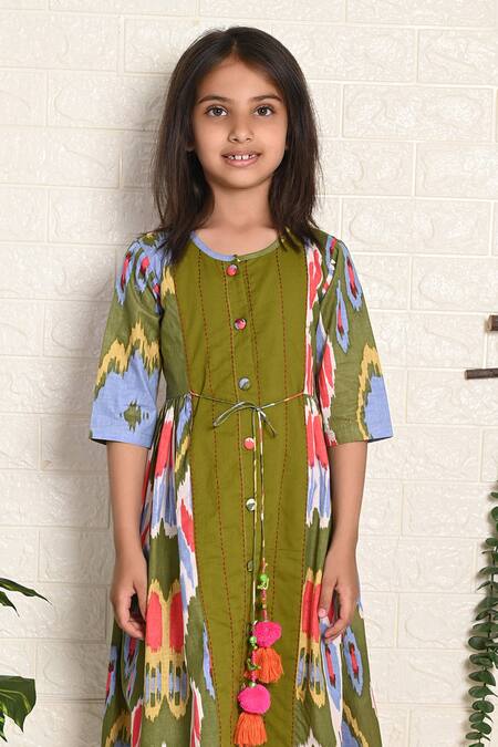 THE COTTON STAPLE_Green Cotton Tassels Peasant Waist Tie Dress _Online_at_Aza_Fashions