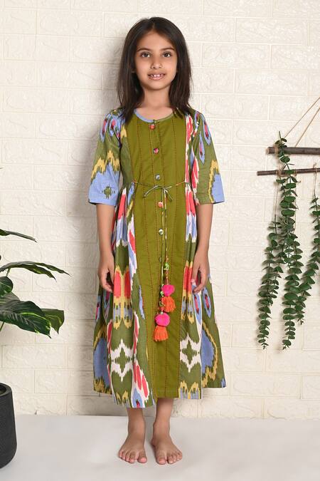 Buy_THE COTTON STAPLE_Green Cotton Tassels Peasant Waist Tie Dress _Online_at_Aza_Fashions