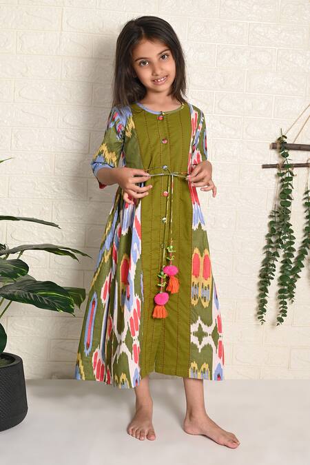 THE COTTON STAPLE_Green Cotton Tassels Peasant Waist Tie Dress _at_Aza_Fashions