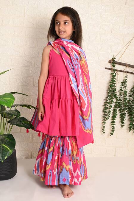 THE COTTON STAPLE_Pink Cotton Tassels Picasso Solid Kurta Sharara Set _Online_at_Aza_Fashions