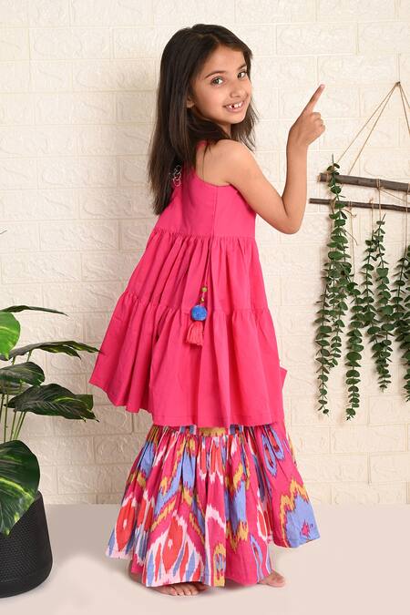 Shop_THE COTTON STAPLE_Pink Cotton Tassels Picasso Solid Kurta Sharara Set _Online_at_Aza_Fashions