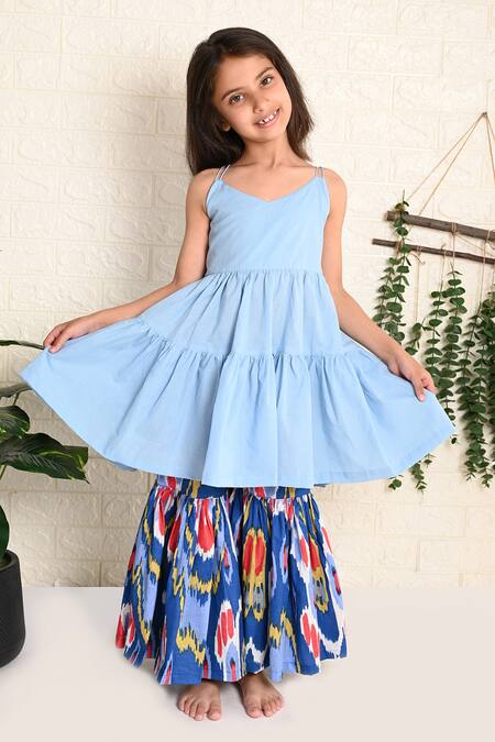 Buy_THE COTTON STAPLE_Blue Cotton Tassels Curly Printed Sharara Set _Online_at_Aza_Fashions