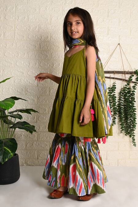 THE COTTON STAPLE_Green Cotton Tassels Camisole Kurta Sharara Set _Online_at_Aza_Fashions