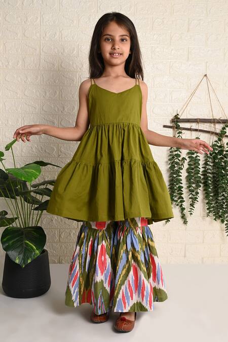 Buy_THE COTTON STAPLE_Green Cotton Tassels Camisole Kurta Sharara Set _Online_at_Aza_Fashions