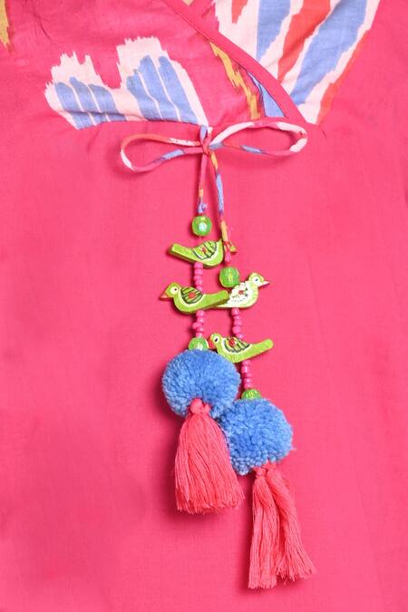 Buy_The Cotton Staple_Pink Cotton Tassels Pumpkin Kurta With Ikat Print Pant  _Online_at_Aza_Fashions