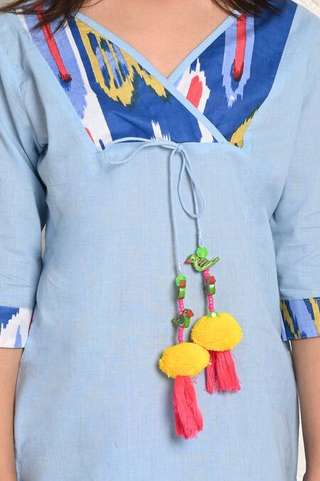 Buy_THE COTTON STAPLE_Blue Cotton Tassels Muffin Solid Kurta With Pant _Online_at_Aza_Fashions