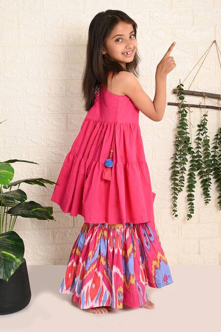 THE COTTON STAPLE_Pink Cotton Pom-poms, Tassels Rosette Tiered Kurta With Sharara _Online_at_Aza_Fashions