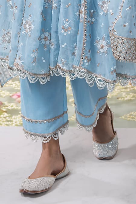 Mulmul_Blue 100% Pure Mulmul Embroidery Thread Kesariya Zari Anarkali Set _Online_at_Aza_Fashions