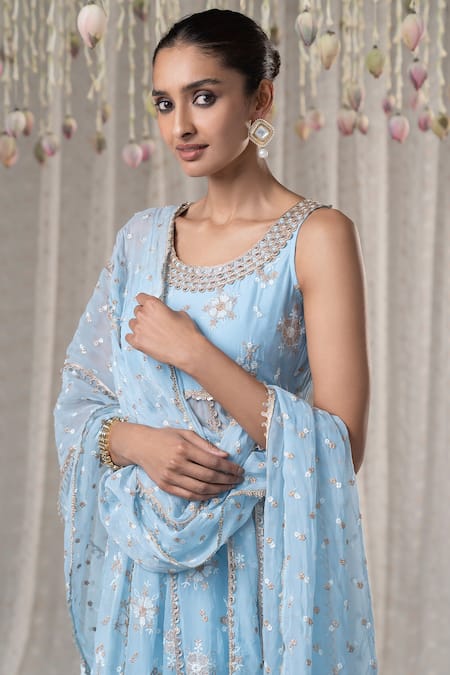 Buy_Mulmul_Blue 100% Pure Mulmul Embroidery Thread Kesariya Zari Anarkali Set _Online_at_Aza_Fashions