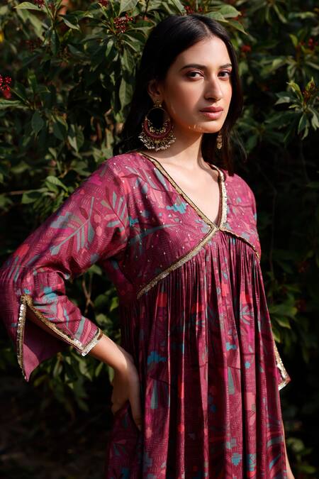 Buy_Harsha Khatry_Wine Muslin Silk Printed Floral V Neck Anarkali Gharara Set _Online_at_Aza_Fashions