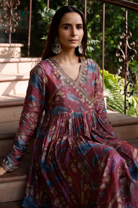 Harsha Khatry Purple Silk, Tussar Embroidery, Sequins, Botanical Print Angrakha Anarkali Set at Aza Fashions Harsha Khatry_Purple Silk, Tussar Embroidery, Sequins, Botanical Print Angrakha Anarkali Set_at_Aza_Fashions