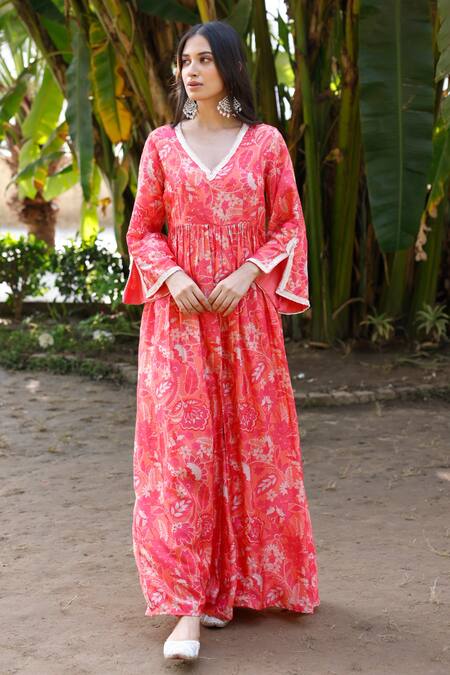 Buy_Harsha Khatry_Coral Tussar, Silk Embroidery, Sequins V-neck Printed Kurta Palazzo Set_Online_at_Aza_Fashions