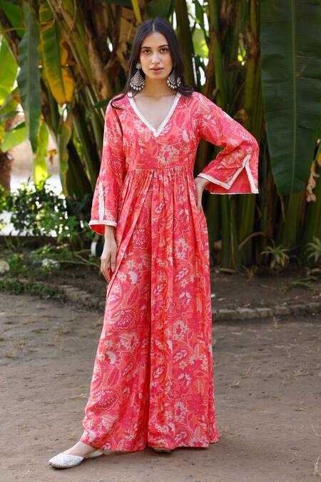 Shop_Harsha Khatry_Coral Tussar, Silk Embroidery, Sequins V-neck Printed Kurta Palazzo Set_Online_at_Aza_Fashions