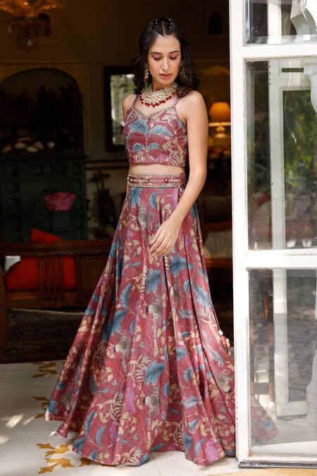 Harsha Khatry_Brown Tussar, Silk Embroidery, Cut Work V-neck Printed Cape Lehenga Set_Online_at_Aza_Fashions