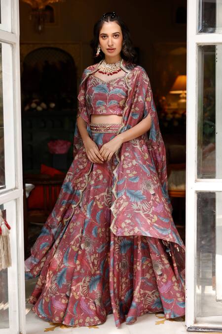 Harsha Khatry_Brown Tussar, Silk Embroidery, Cut Work V-neck Printed Cape Lehenga Set_at_Aza_Fashions