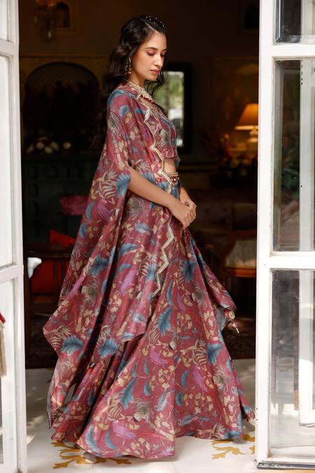 Buy_Harsha Khatry_Brown Tussar, Silk Embroidery, Cut Work V-neck Printed Cape Lehenga Set