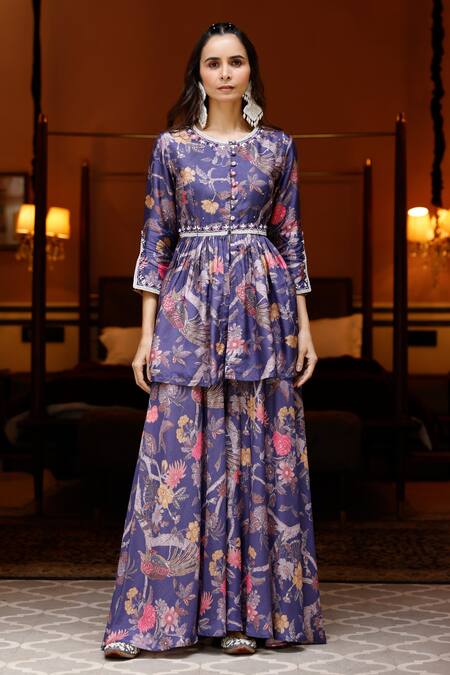 Harsha Khatry_Purple Silk, Tussar Embroidery, Sequins, Printed Peplum Top Flared Pant Set_Online_at_Aza_Fashions