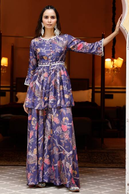 Buy_Harsha Khatry_Purple Silk, Tussar Embroidery, Sequins, Printed Peplum Top Flared Pant Set_Online_at_Aza_Fashions