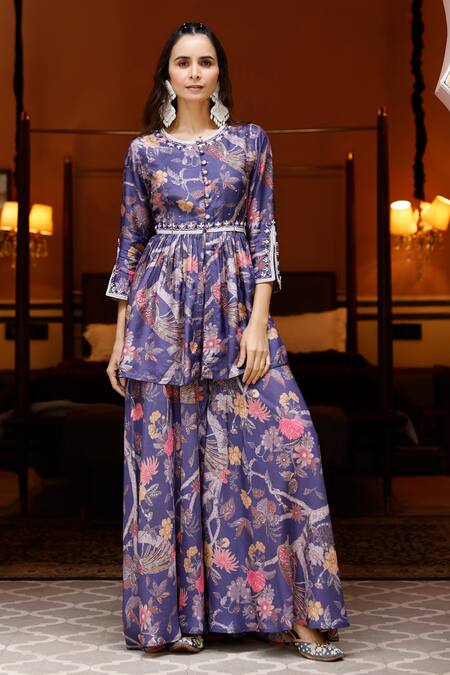 Shop_Harsha Khatry_Purple Silk, Tussar Embroidery, Sequins, Printed Peplum Top Flared Pant Set_Online_at_Aza_Fashions