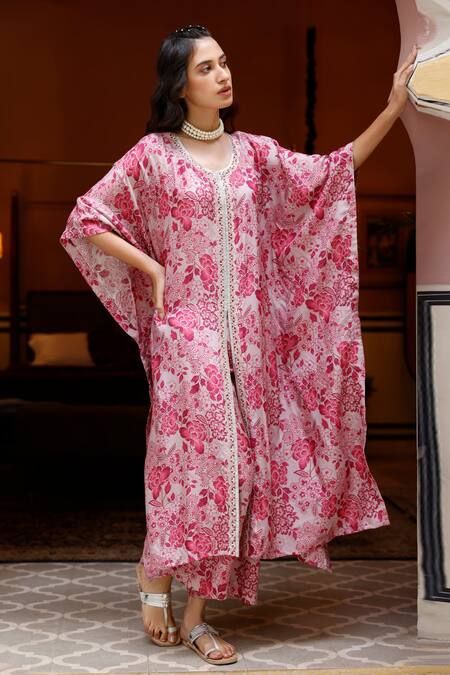 Harsha Khatry_Pink Tussar, Silk Round Neck Printed Kaftan And Palazzo Set_Online_at_Aza_Fashions