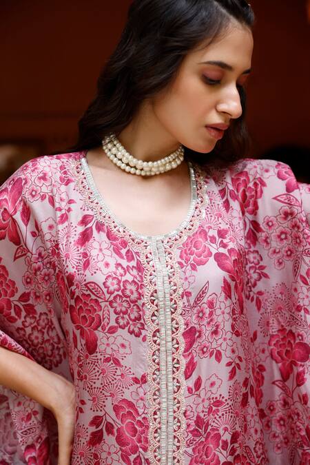 Buy_Harsha Khatry_Pink Tussar, Silk Round Neck Printed Kaftan And Palazzo Set_Online_at_Aza_Fashions