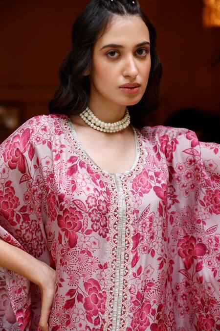 Shop_Harsha Khatry_Pink Tussar, Silk Round Neck Printed Kaftan And Palazzo Set_Online_at_Aza_Fashions