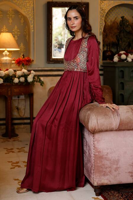 Harsha Khatry_Wine Velvet And Modal Silk Embroidered Jacket Mirror Anarkali With Koti _Online_at_Aza_Fashions