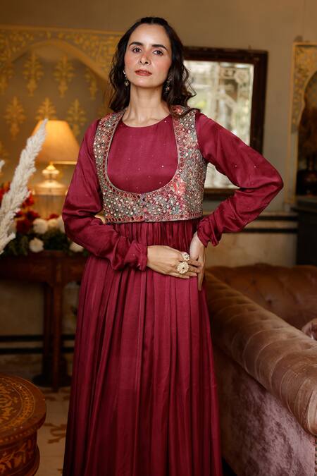 Buy_Harsha Khatry_Wine Velvet And Modal Silk Embroidered Jacket Mirror Anarkali With Koti _Online_at_Aza_Fashions