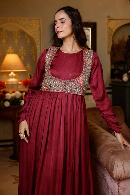 Harsha Khatry_Wine Velvet And Modal Silk Embroidered Jacket Mirror Anarkali With Koti _at_Aza_Fashions