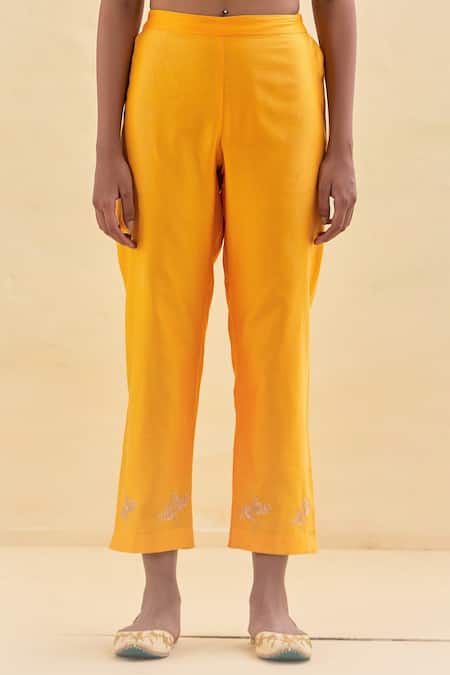 Kamaltaas Yellow Chanderi Silk, Lining Mulmul Gota, Floral Embroidered Kurta And Pant Set Online at Aza Fashions Kamaltaas_Yellow Chanderi Silk, Lining Mulmul Gota, Floral Embroidered Kurta And Pant Set _Online_at_Aza_Fashions