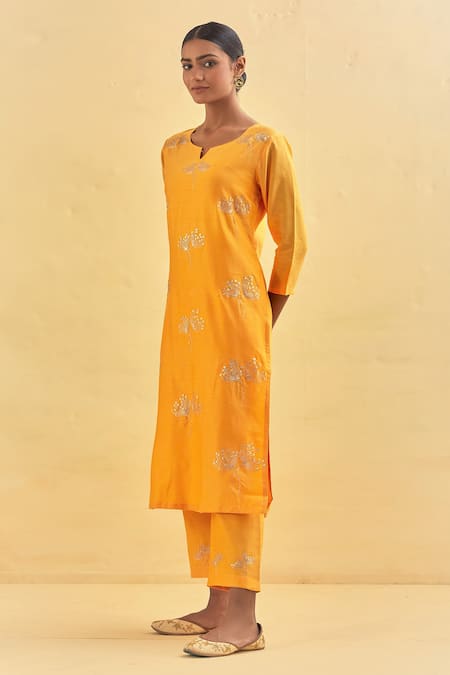 Shop Kamaltaas Yellow Chanderi Silk, Lining Mulmul Gota, Floral Embroidered Kurta And Pant Set Online at Aza Fashions Shop_Kamaltaas_Yellow Chanderi Silk, Lining Mulmul Gota, Floral Embroidered Kurta And Pant Set _Online_at_Aza_Fashions
