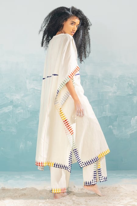 Ikai By Ragini Ahuja Ivory Cotton, Silk, Chanderi Embroidery Round Neck Nile Multi-applique Kaftan Online at Aza Fashions Ikai By Ragini Ahuja_Ivory Cotton, Silk, Chanderi Embroidery Round Neck Nile Multi-applique Kaftan_Online_at_Aza_Fashions