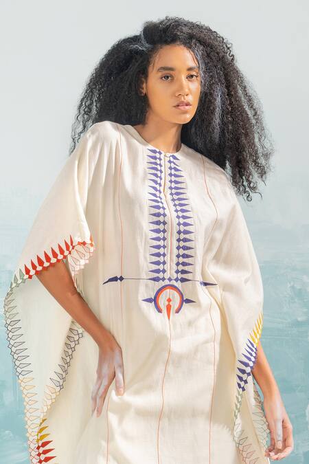 Buy Ikai By Ragini Ahuja Ivory Cotton, Silk, Chanderi Embroidery Round Neck Nile Multi-applique Kaftan Online at Aza Fashions Buy_Ikai By Ragini Ahuja_Ivory Cotton, Silk, Chanderi Embroidery Round Neck Nile Multi-applique Kaftan_Online_at_Aza_Fashions