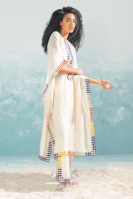 Shop Ikai By Ragini Ahuja Ivory Cotton, Silk, Chanderi Embroidery Round Neck Nile Multi-applique Kaftan Online at Aza Fashions Shop_Ikai By Ragini Ahuja_Ivory Cotton, Silk, Chanderi Embroidery Round Neck Nile Multi-applique Kaftan_Online_at_Aza_Fashions