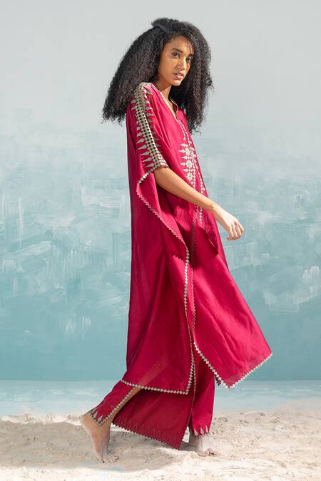 Buy_Ikai By Ragini Ahuja_Pink Cotton Embroidery Nile High Slit Pant_Online_at_Aza_Fashions