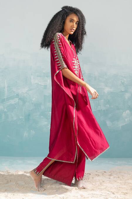 Shop Ikai By Ragini Ahuja Pink Cotton, Silk, Chanderi Applique V-neck Nile Cutwork Kaftan Online at Aza Fashions Shop_Ikai By Ragini Ahuja_Pink Cotton, Silk, Chanderi Applique V-neck Nile Cutwork Kaftan_Online_at_Aza_Fashions