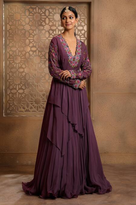 Omana By Ranjana Bothra_Purple Satin, Organza, Crepe Embroidery, Cut Floral Draped Anarkali With Belt _Online_at_Aza_Fashions