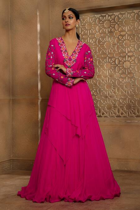 Omana By Ranjana Bothra_Pink Satin, Organza, Crepe Embroidery, Cut Work Draped Anarkali With Belt _Online_at_Aza_Fashions
