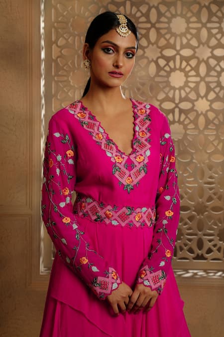 Buy_Omana By Ranjana Bothra_Pink Satin, Organza, Crepe Embroidery, Cut Work Draped Anarkali With Belt _Online_at_Aza_Fashions