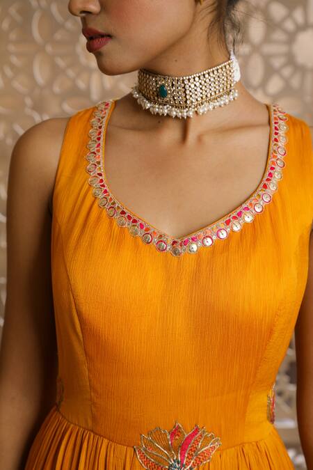 Omana By Ranjana Bothra_Yellow Crepe, Chiffon, Organza Sequins, Kamal Placement Anarkali With Dupatta _Online_at_Aza_Fashions