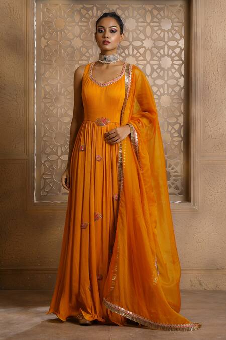 Shop Omana By Ranjana Bothra Yellow Crepe, Chiffon, Organza Sequins, Kamal Placement Anarkali With Dupatta Online at Aza Fashions Shop_Omana By Ranjana Bothra_Yellow Crepe, Chiffon, Organza Sequins, Kamal Placement Anarkali With Dupatta _Online_at_Aza_Fashions