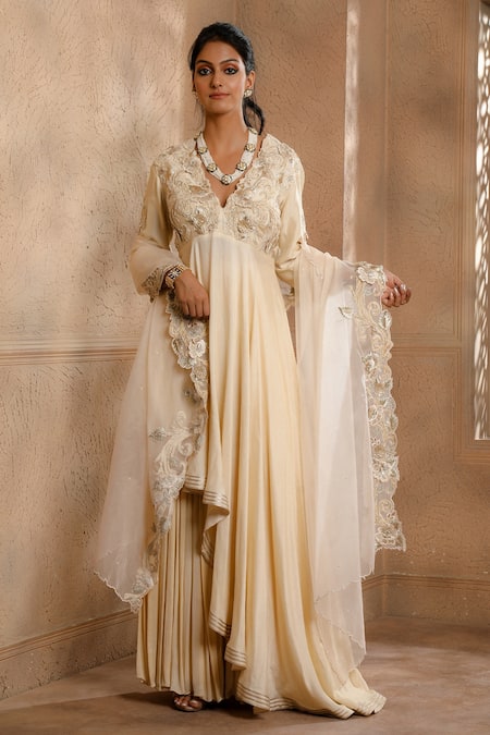 Omana By Ranjana Bothra_Ivory Silk, Chiffon, Organza Embroidery, Cut Asymmetric Anarkali Sharara Set _Online_at_Aza_Fashions