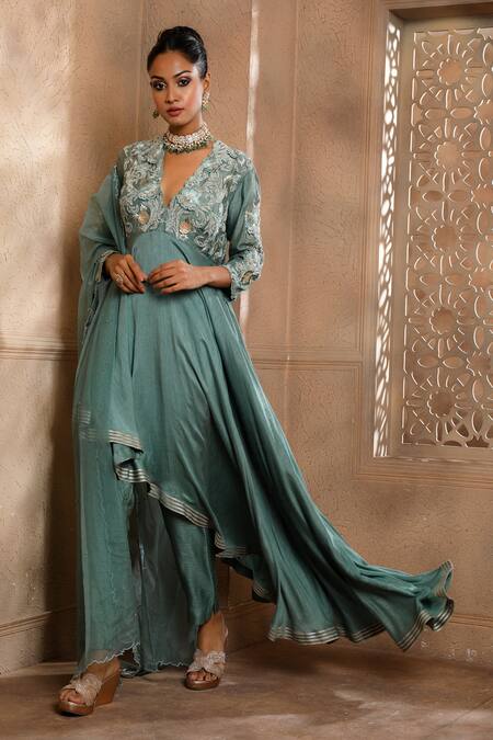 Omana By Ranjana Bothra_Blue Silk, Chiffon, Organza, Crepe Embroidery Asymmetric Anarkali Sharara Set _Online_at_Aza_Fashions