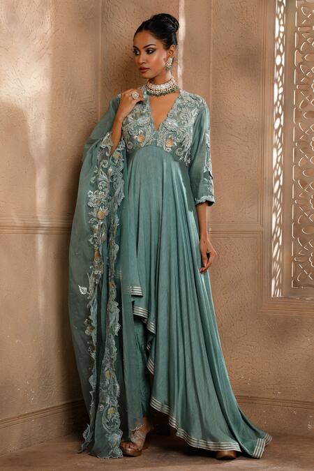 Shop Omana By Ranjana Bothra Blue Silk, Chiffon, Organza, Crepe Embroidery Asymmetric Anarkali Sharara Set Online at Aza Fashions Shop_Omana By Ranjana Bothra_Blue Silk, Chiffon, Organza, Crepe Embroidery Asymmetric Anarkali Sharara Set _Online_at_Aza_Fashions