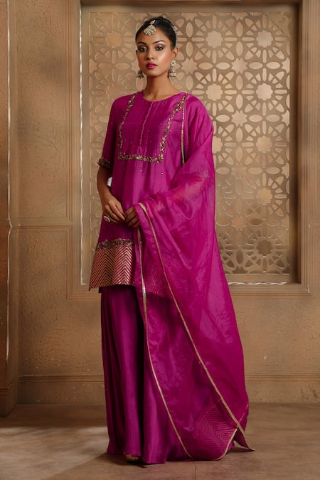 Omana By Ranjana Bothra_Magenta Cotton, Silk, Organza Gota Patti, Noor Placement Kurta Gharara Set _Online_at_Aza_Fashions