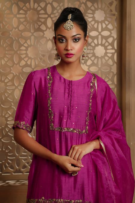 Shop_Omana By Ranjana Bothra_Magenta Cotton, Silk, Organza Gota Patti, Noor Placement Kurta Gharara Set _Online_at_Aza_Fashions