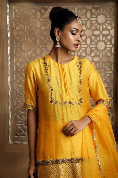 Shop_Omana By Ranjana Bothra_Yellow Cotton, Silk, Organza Gota Patti, Embroidery Noor Placement Kurta Set _Online_at_Aza_Fashions